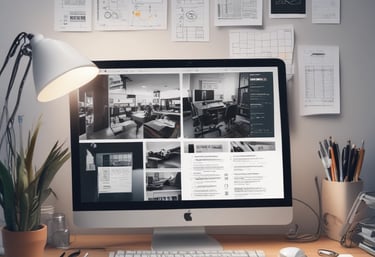 A futuristic workspace showing AI technology integration with digital screens and data visualization.