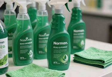 A professional cleaning station with emerald green bottles and high-quality cloths on a clean white surface, symbolizing the eco-friendly commitment of a cleaning company in Rouen, France / Norman.