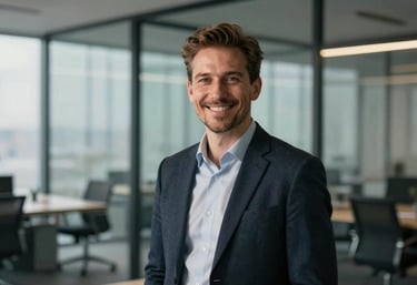 A professional portrait of a team lead smiling confidently in a modern glass-walled office. The lighting is warm yet professional, with mist and steel blue accents in the background.