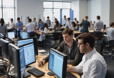 A team collaborating over marketing plans and digital devices in a bright, modern office.