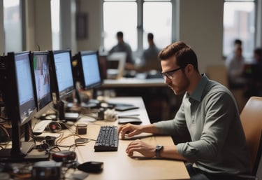 A diverse team collaborating over laptops and digital devices in a bright, modern office space.
