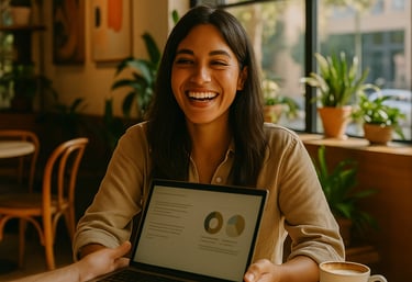 Una mujer sonriente revisa en su negocio el material entregado en un móvil o tablet
