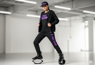 a woman in a black jacket and hat with a purple hat with the words yuu jump