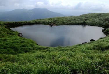 A panoramic view of Karapuzha Resorts, featuring cozy cottages and well-maintained gardens with the 