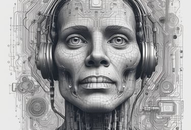 A cloud-shaped object with server racks is connected via cables to a computer monitor. The setup is surrounded by several black squares on a blue background, evoking concepts of cloud computing and data networks.