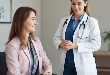 A person in a white lab coat is standing in a room with tiled walls, holding a smartphone and smiling. The room contains equipment and surfaces that suggest a work environment, possibly related to food preparation or processing. Pieces of raw meat are visible on a metal surface.
