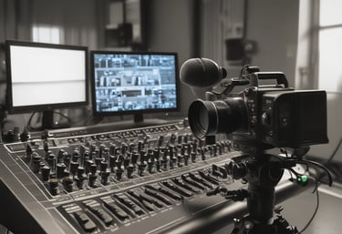 A computer monitor showing a video editing software interface, with timelines, video clips, and audio mixers visible. A keyboard and mouse are placed in front of the monitor on a clean desk. A small potted plant is situated on the right side, adding greenery to the workspace.