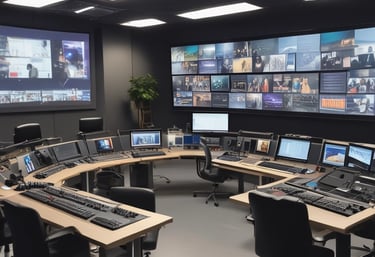 Three individuals are engaged in a filmmaking or video production process inside a studio. One person operates a professional camera mounted on a rig, wearing a mask and cap. Two other people are seated, one intently looking at a laptop, creating an atmosphere of concentration and collaboration.