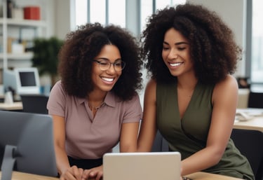 two women looking at the screen of a MacBook