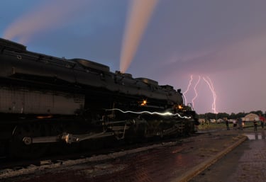 UP 4014 during a lightning storm in Kansas