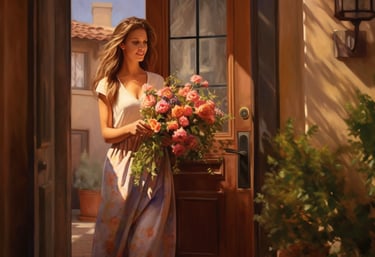 a woman in a dress is holding a bouquet