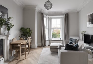 end of tenancy living room with a couch and a fireplace