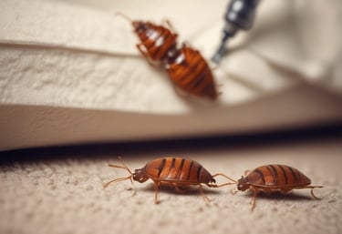 A multi-story building with a red and white exterior stands against a background of a clear blue sky with scattered clouds. There are trees partially obscuring the building, adding greenery to the urban environment. A sign at the bottom indicates a pest control business.
