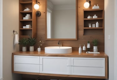 A modern kitchen setup featuring dark wood cabinetry with a glossy finish. The kitchen includes a stainless steel double sink and a gas stove with a steel hood. Under-cabinet lighting highlights the sleek and minimalistic design. Posters and informational sheets are displayed on the wall behind the sink. The flooring is made of light wood with a smooth finish.