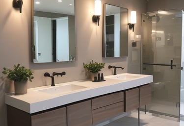 A modern kitchen or dining space featuring wooden cabinetry with clean lines. The countertop is adorned with white bowls placed on black napkins, along with a long, decorative platter. The background includes textured wall tiles and decorative vases, adding a sophisticated touch.
