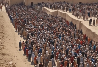 a large group of people standing in a desert