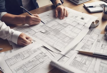 A professional consultation meeting with construction plans.