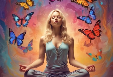 A serene landscape with a person meditating in nature, embodying peace and inner harmony.