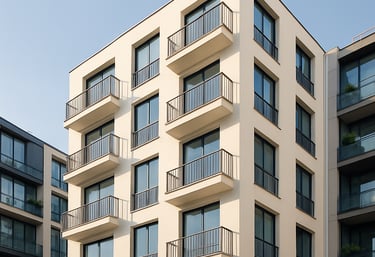Edificio de apartamentos moderno con balcones y fachada clara, rodeado de otros edificios residencia