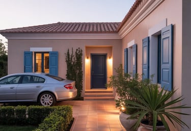 Casa mediterránea con luz cálida al atardecer que transmite seguridad y hogar.