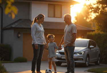 Familia con un niño pequeño, disfrutando al atardecer frente a su casa con el coche aparcado.