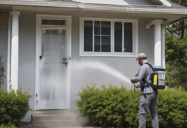 A hand holds a small, curled-up insect with a segmented body that is primarily dark with lighter markings. The background shows a grassy area.
