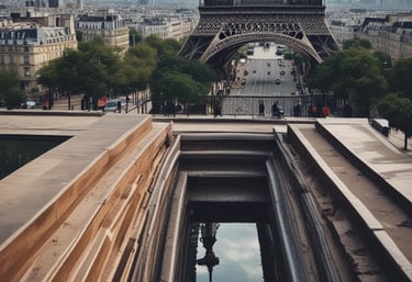 A copper drainpipe is mounted on a rough stone wall with a flared connector. The wall appears to be made of gray bricks that vary slightly in texture and color.