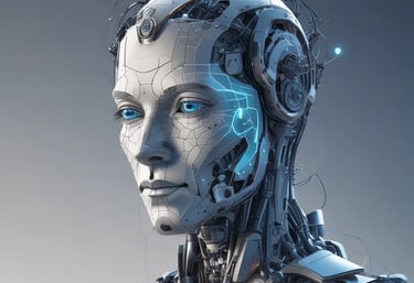 A small, white humanoid robot with blue accents, including eyes, mouth, and a circular badge with the letters 'AI' on its chest, is positioned in front of a blue laptop on a metallic surface. The robot has a simple, smooth design with two cylindrical arms and a small antenna on top.