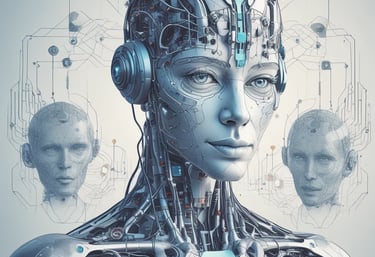 Four small, white robot figures are sitting in a row, each with a laptop in front of them. They have round bodies and blue accents, with 'AI' displayed on their chests. The background is minimal and light gray, emphasizing the robots and their computers.