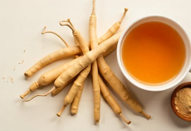 A clean 16:9 image showing twisted Mulethi roots with a bowl of light brown powder and a warm herbal