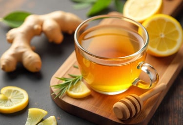 Glass cup of steaming ginger tea with ginger roots, lemon, and honey on wooden table.