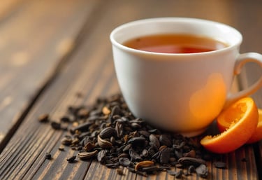 Amber tea cup with dried orange peel and loose black tea leaves.