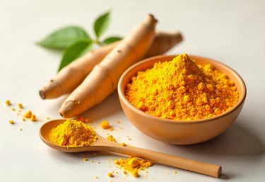 A bright 16:9 natural composition featuring turmeric roots, a bowl of golden powder, and green leave