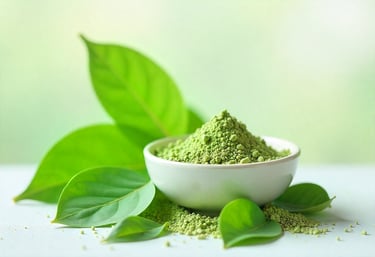 A calm, balanced 16:9 scene showing Brahmi leaves and a ceramic bowl of greenish powder on a white s
