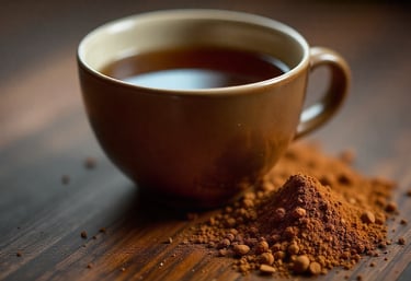 Cup of dark gold tea with tea dust beside it.