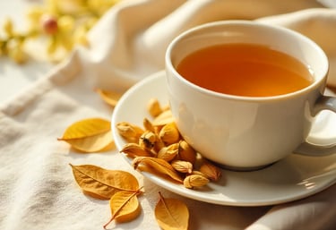 Cup of golden tea with golden-tipped leaves on fabric.