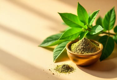 Fresh Tulsi leaves beside a clay or brass bowl of Tulsi powder or tea on a warm beige background, so