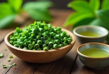 Hand-rolled green tea leaves in bamboo bowl with tea cup beside.