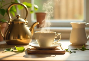 Steaming cup of black tea with brass kettle and milk jug.
