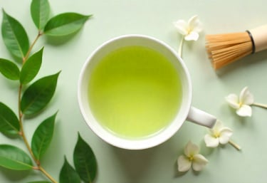 Cup of green tea with tea leaves and bamboo whisk on soft neutral background.