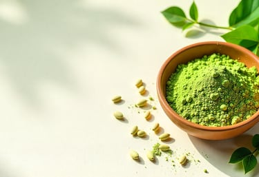 Fresh moringa leaves and seeds arranged beside a bowl of green moringa powder on a soft white backgr