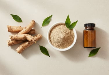 A minimalist 16:9 image featuring fresh Ashwagandha roots, fine beige powder in a bowl, and green le