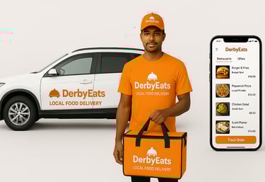 DerbyEats driver out of their car, with a delivery bag.