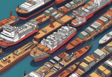 A large cargo ship is docked at a busy port, surrounded by multiple towering cranes painted in blue and orange. Shipping containers are stacked on the vessel, indicating active trade and commerce activity. The background features a partly cloudy sky and a wind turbine, suggesting sustainable energy use.