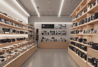 A collection of electronic gadgets arranged on a wooden surface, including a black virtual reality headset, a smart speaker in white and gray, black earbuds with a cable, and a black smartwatch.