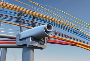 A modern workspace with a focus on technology. In the foreground, there is a black laptop with a distinctive logo placed on a table beside a smartphone propped on a stand. A man is sitting in the background, also using a similar laptop. The setting is minimalistic with a combination of white furniture and a textured brick wall.