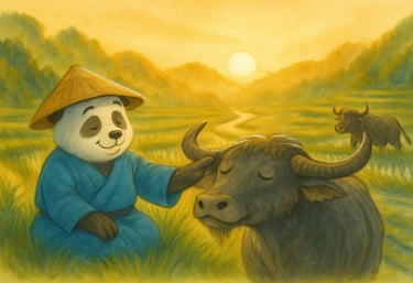Children’s picture book image of panda, water buffalo teaching timeless values for ages 3-7