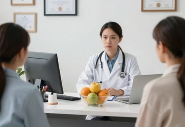 A professional consultation setting with a medical professional sitting at a desk facing a client. The room has a modern aesthetic with white walls decorated with framed certificates. The desk is organized with office supplies, a laptop, and a fruit bowl in the center.