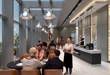 3D-rendered restaurant with natural lighting, stylish décor, and a lively ambiance – by SketchyCAD.