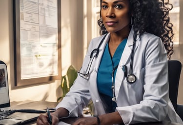 A professional consultation setting with a medical professional sitting at a desk facing a client. The room has a modern aesthetic with white walls decorated with framed certificates. The desk is organized with office supplies, a laptop, and a fruit bowl in the center.